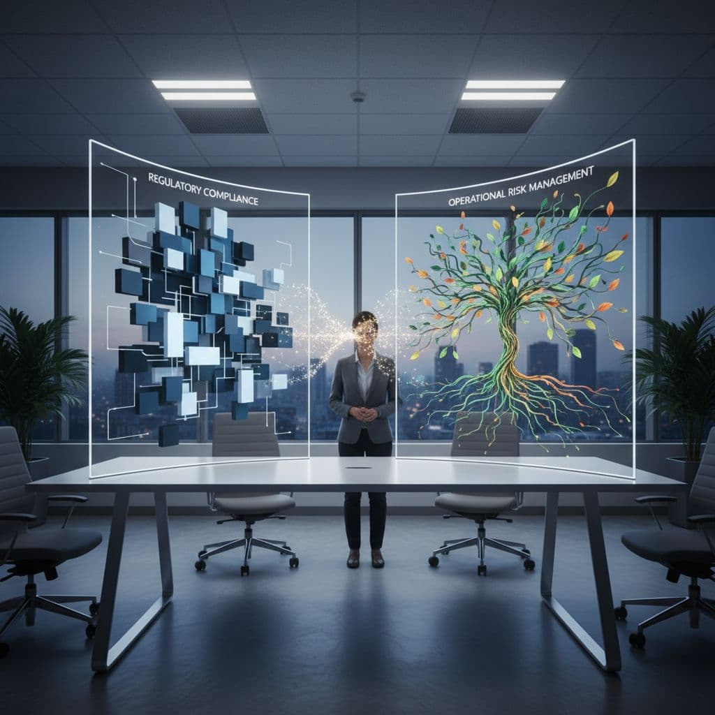 A professional in an office examines a screen showing geometric regulatory and tree-like risk structures.