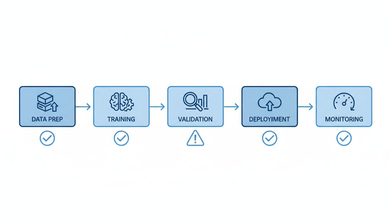 Flowchart shows stages from data prep to monitoring with checkmarks and warning icons.