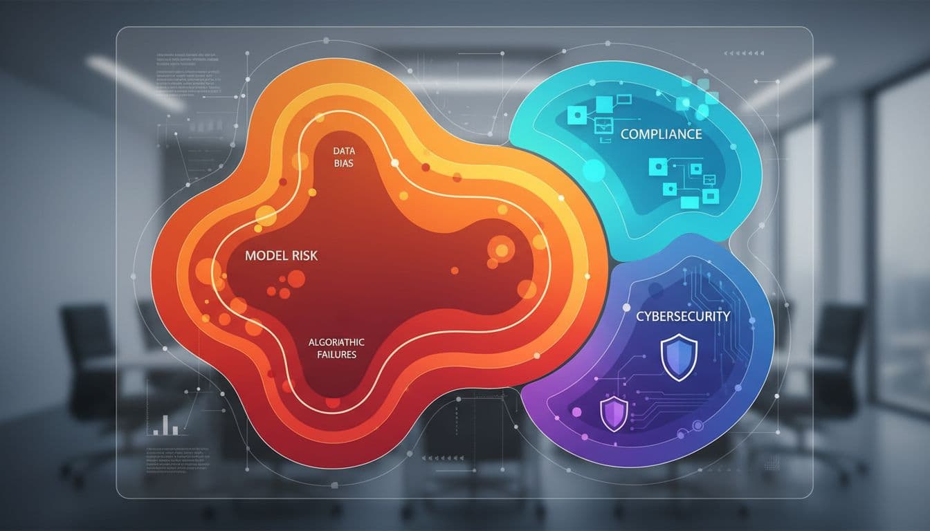 Color-coded zones on a digital board depict model risk, compliance, and cybersecurity risks.