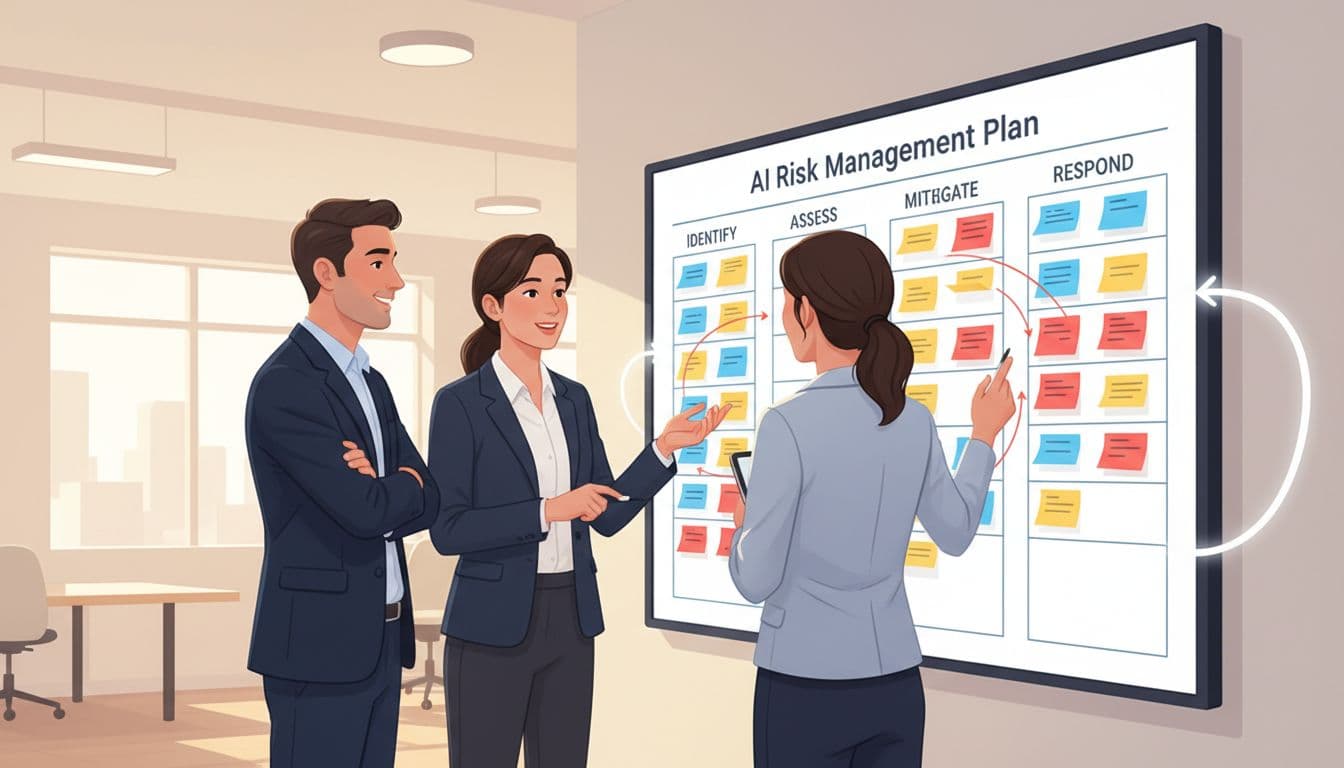 Three professionals stand around a digital board with sticky notes and workflow arrows, casually discussing in an open office.