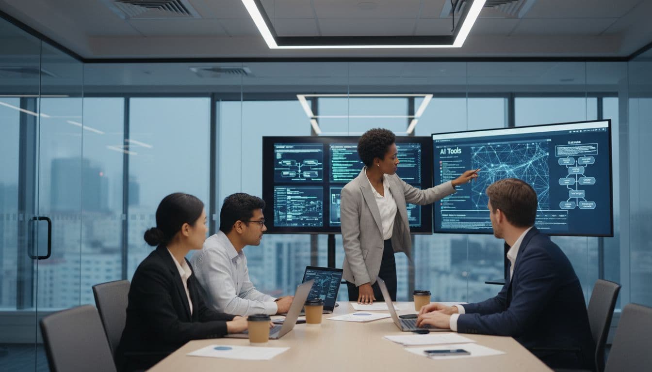 Four diverse professionals in conference room review laptops, charts, and screen with network logs.
