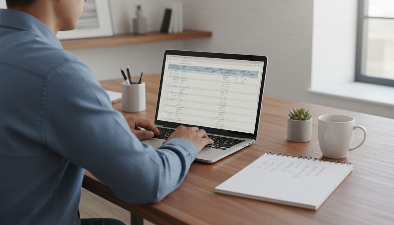 Side view of team member at organized desk with open laptop, notebook checklists, and coffee mug.