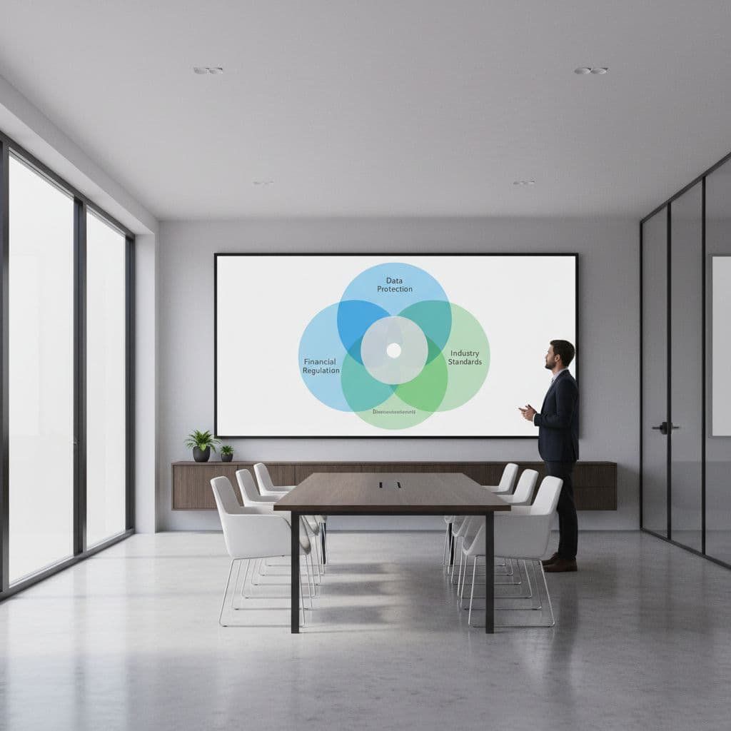 Modern office meeting room with wall screen showing abstract intersecting circles and one person viewing it.