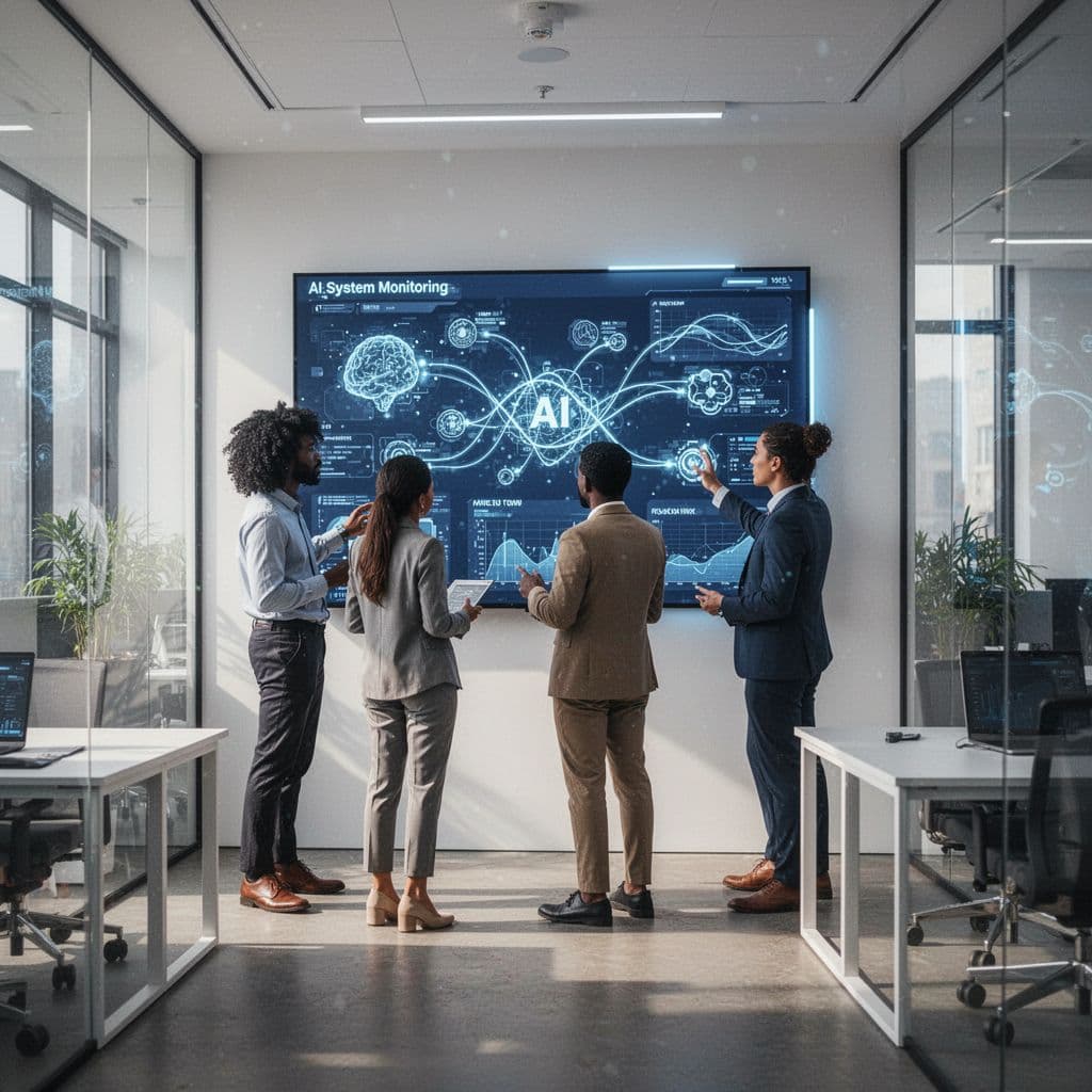 Four professionals discuss glowing analytical charts on a large wall screen in a modern office.