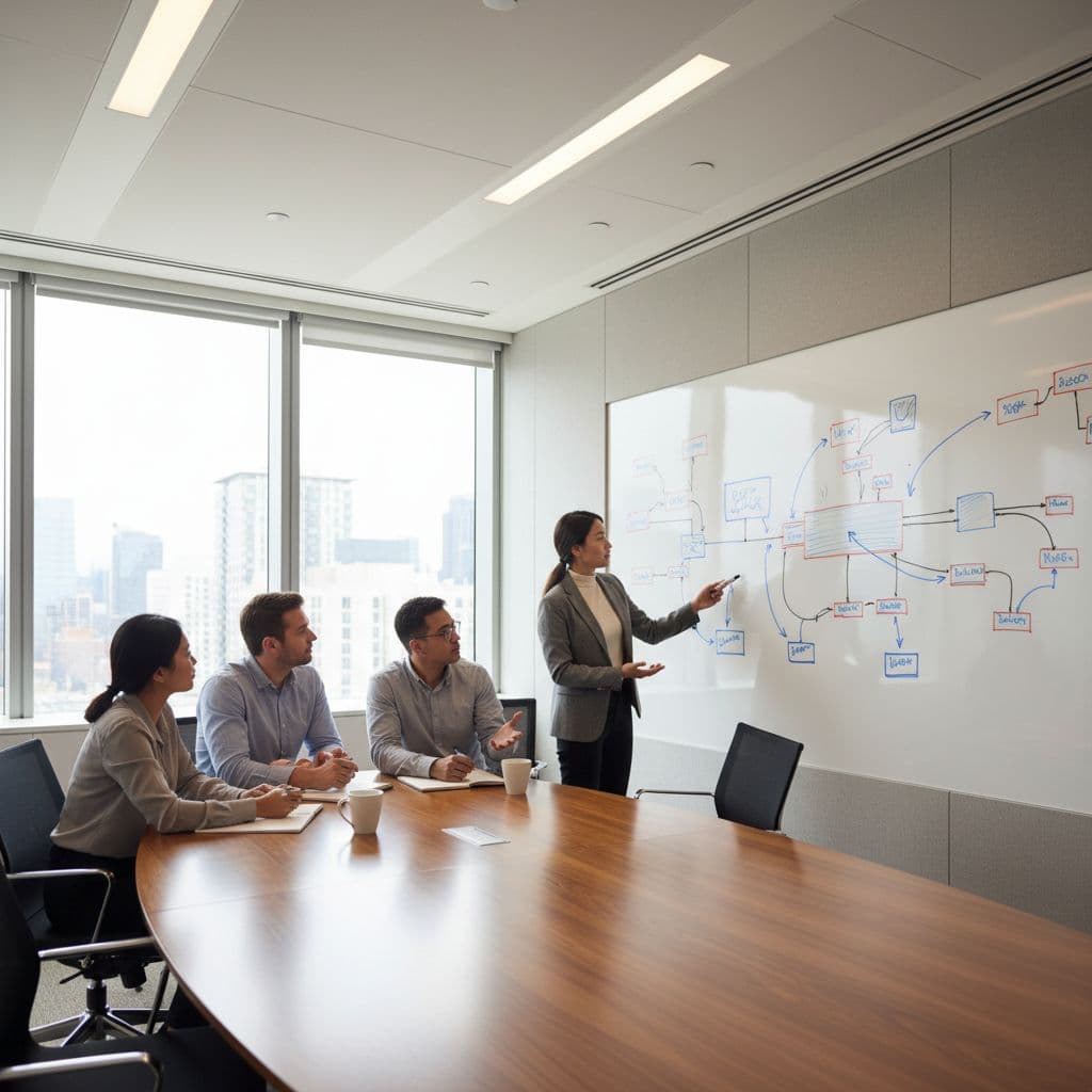 Four professional engineers stand around a table discussing diagrams drawn on a whiteboard.