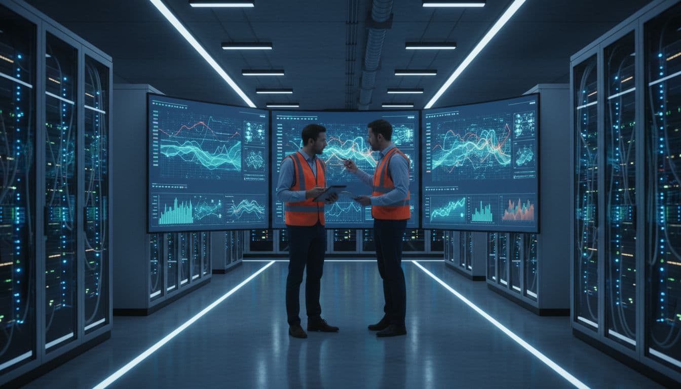 Two engineers discuss charts and graphs on large screens in a secure server room.