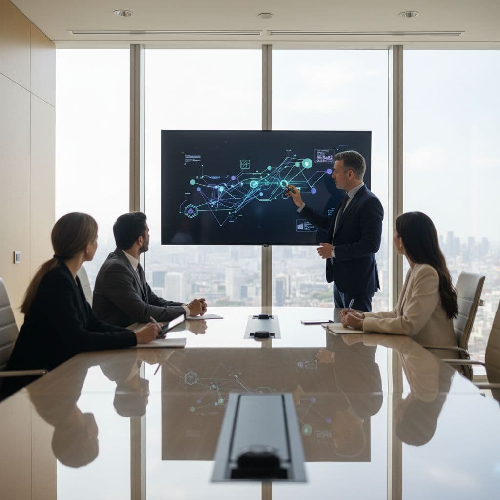 Four diverse professionals confer in a modern boardroom while one person presents diagrams on a screen.