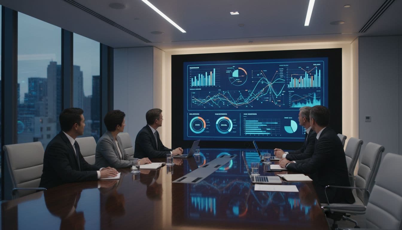 Six diverse executives around a conference table view charts of ROI metrics and risk indicators on a large screen.