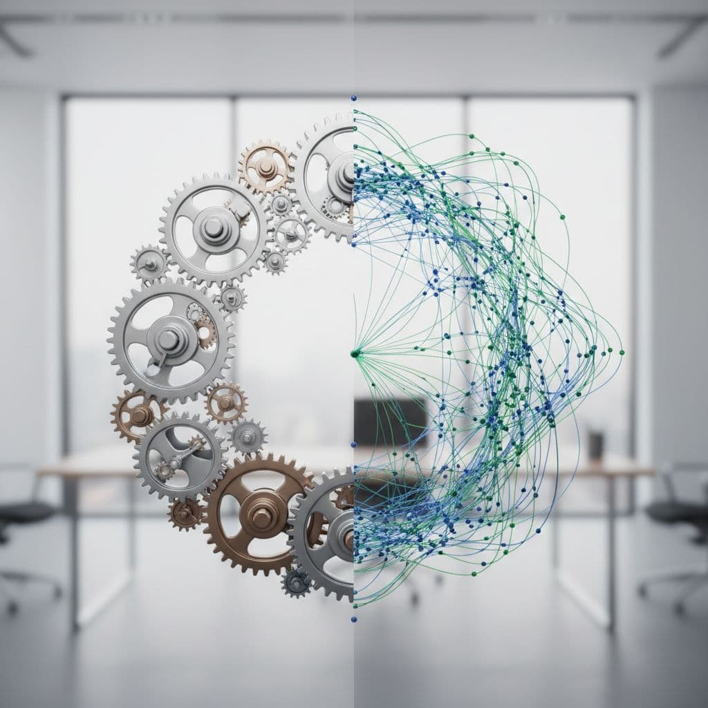 Left side features interconnected gears; right shows multi-layered web structure in clean office background.
