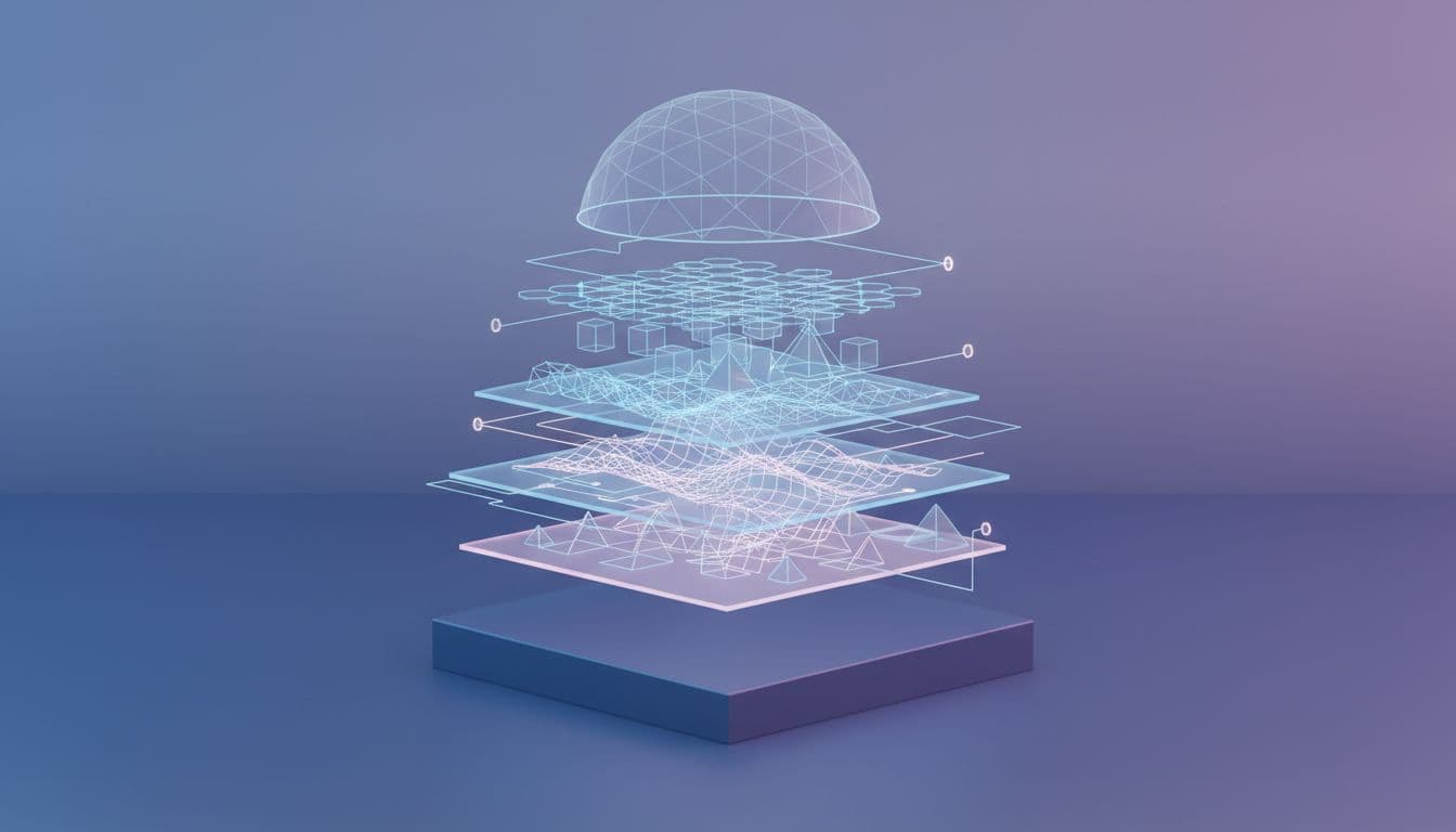 Glowing geometric shapes hover in layers connected by light lines against a clean background.