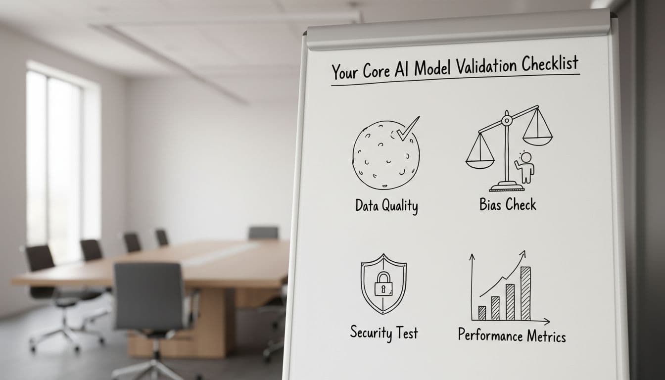 Whiteboard in empty meeting room shows hand-drawn icons for data quality, bias check, security test, and performance metrics.