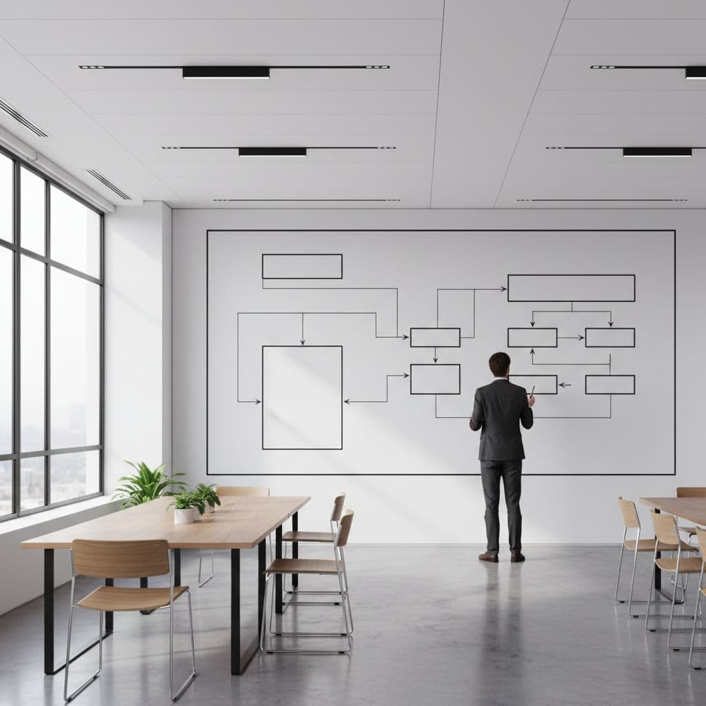 Clean corporate office with large whiteboard showing structured flowchart and one person standing nearby.