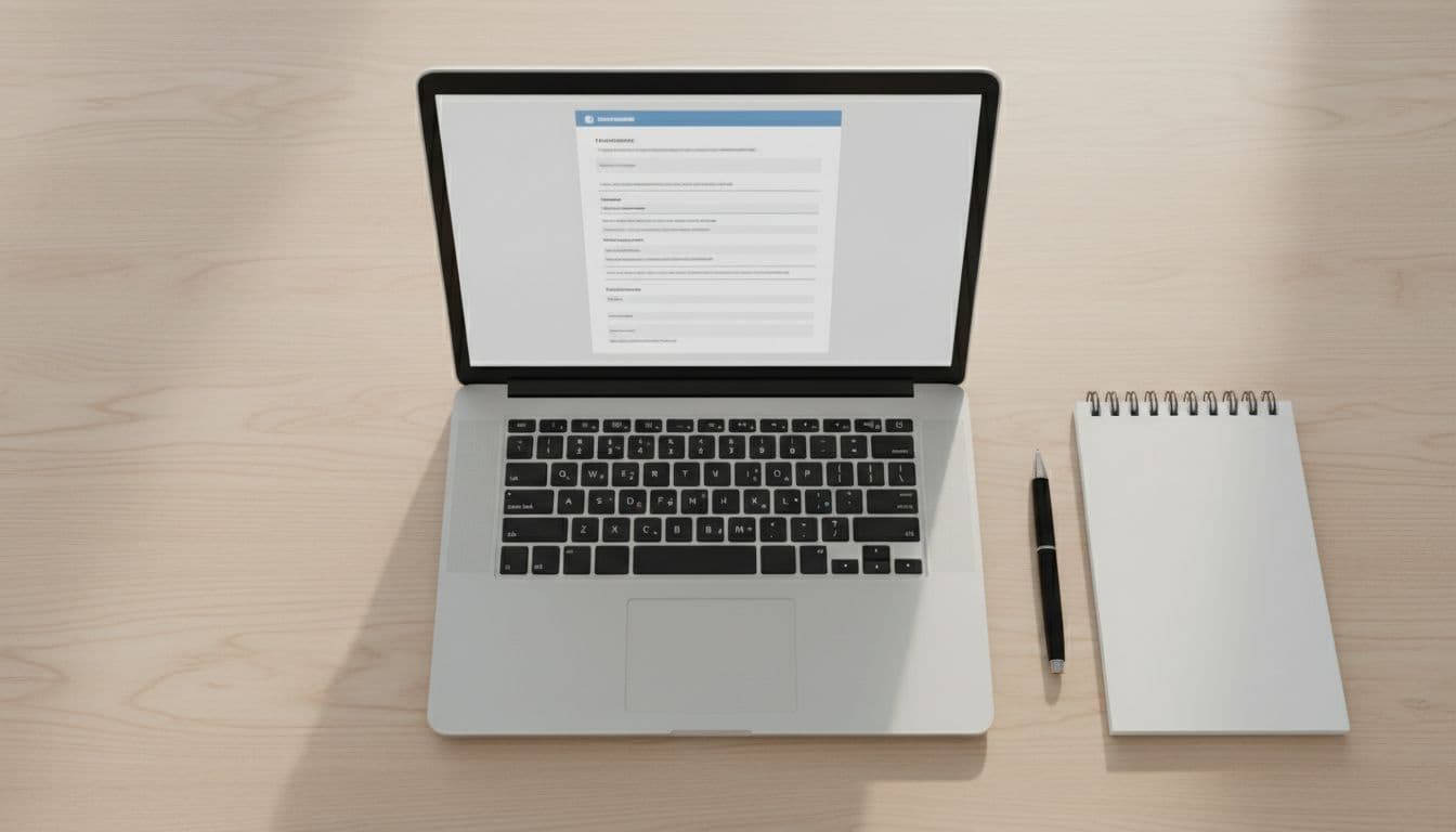 Top-down view of clean desk with centered open laptop showing blurred digital form, notepad, and pen.