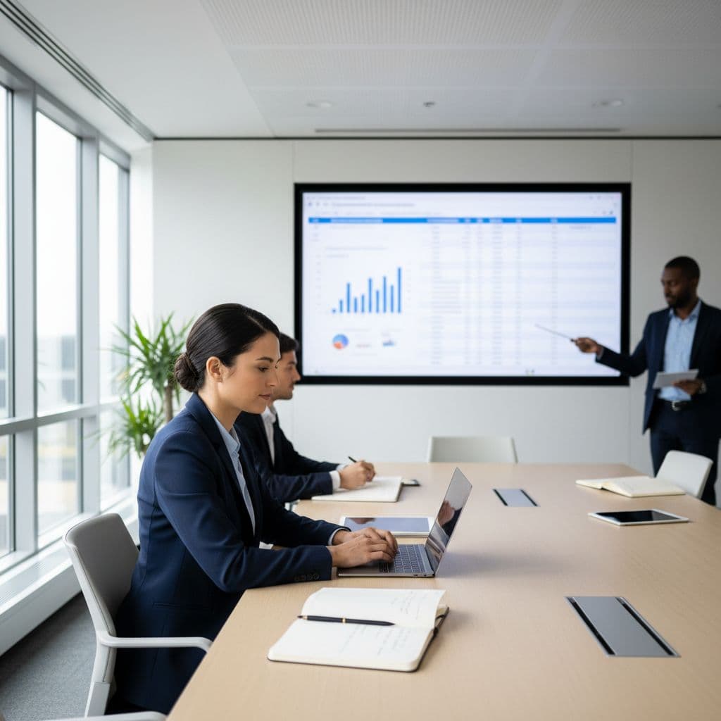 A focused professional works at a laptop inside a clean, organized, sunlit meeting room.