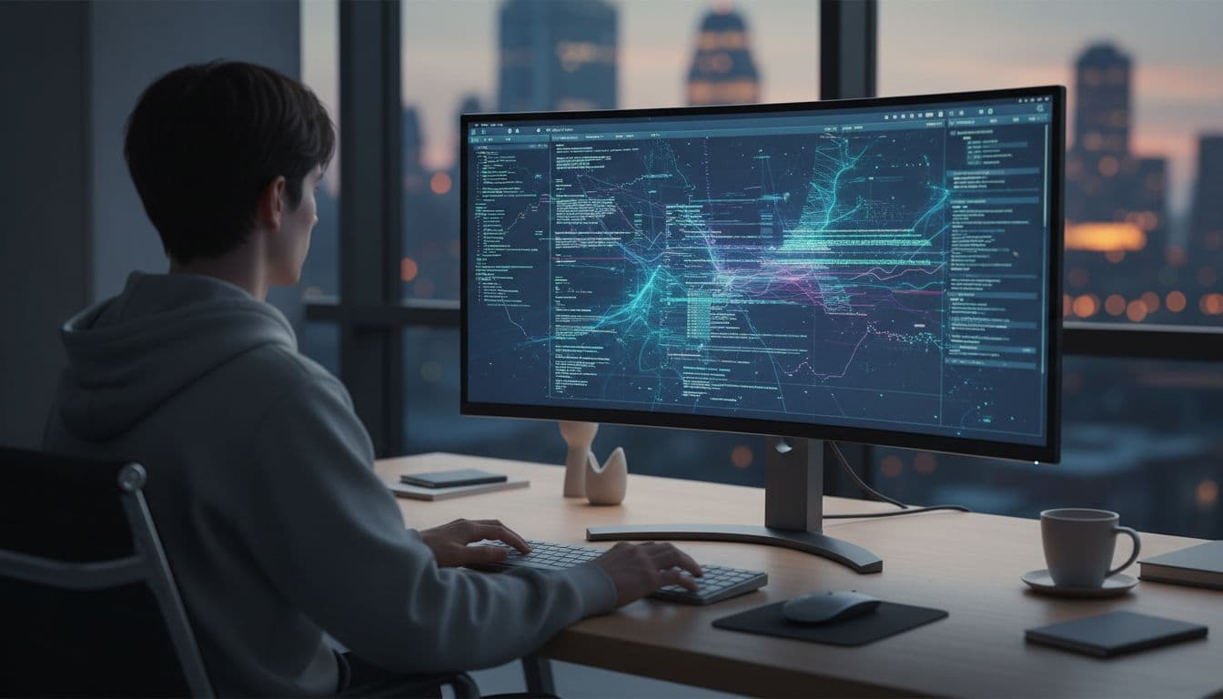 Person at clean desk views blurred data graphs and streaming logs on computer screen in office.