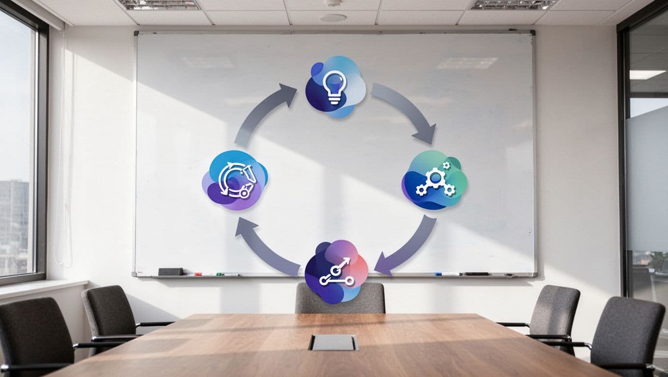 Whiteboard in meeting room shows cyclic flowchart of Govern, Map, Measure, Manage with icons and arrows.