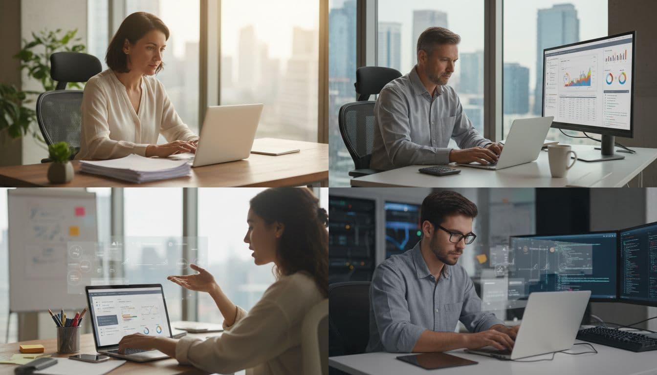 Four vignettes show HR manager scanning resumes, finance analyst viewing charts, marketing specialist brainstorming, software engineer coding on laptops.