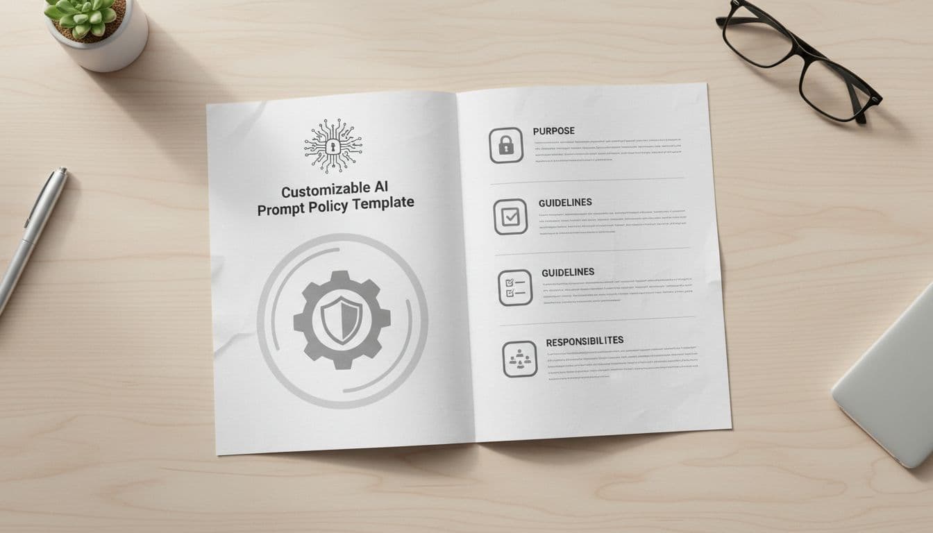 Top-down flat lay of open notebook on desk with structured sections marked by security lock, checklist, and team icons.