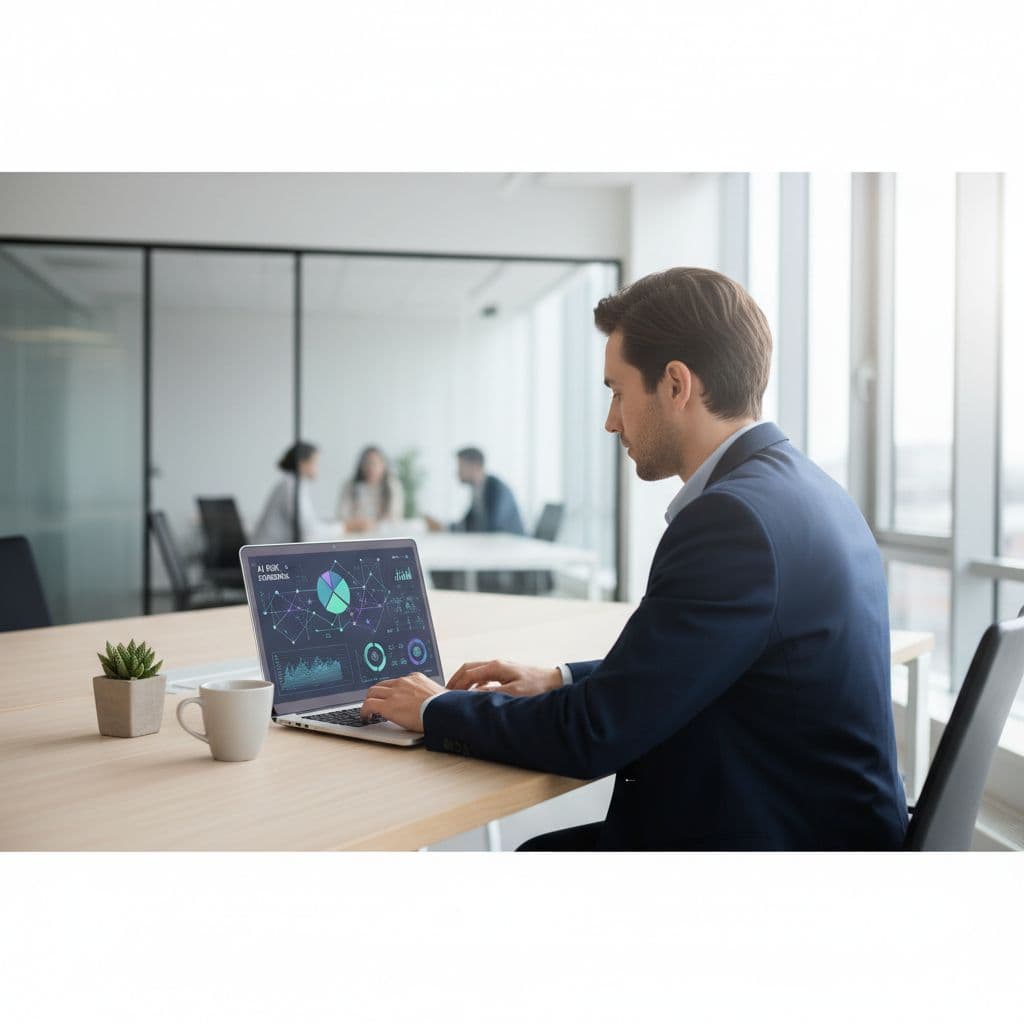 A person works on a laptop in a bright office displaying abstract data visualizations.
