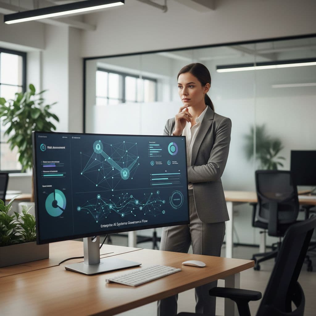 A professional observes complex data on a digital dashboard within a bright, modern office workspace.