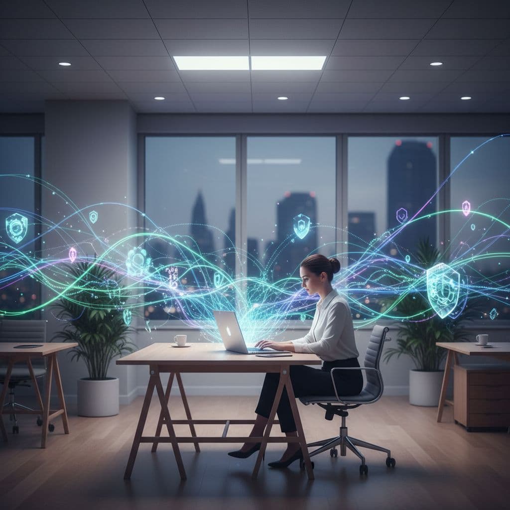 A person works on a laptop in a modern office surrounded by abstract data flow visualization.