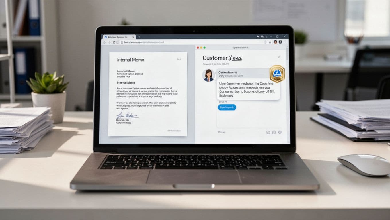 Laptop screen in workspace shows split view: left internal memo without disclosure, right customer email with AI Assisted badge.