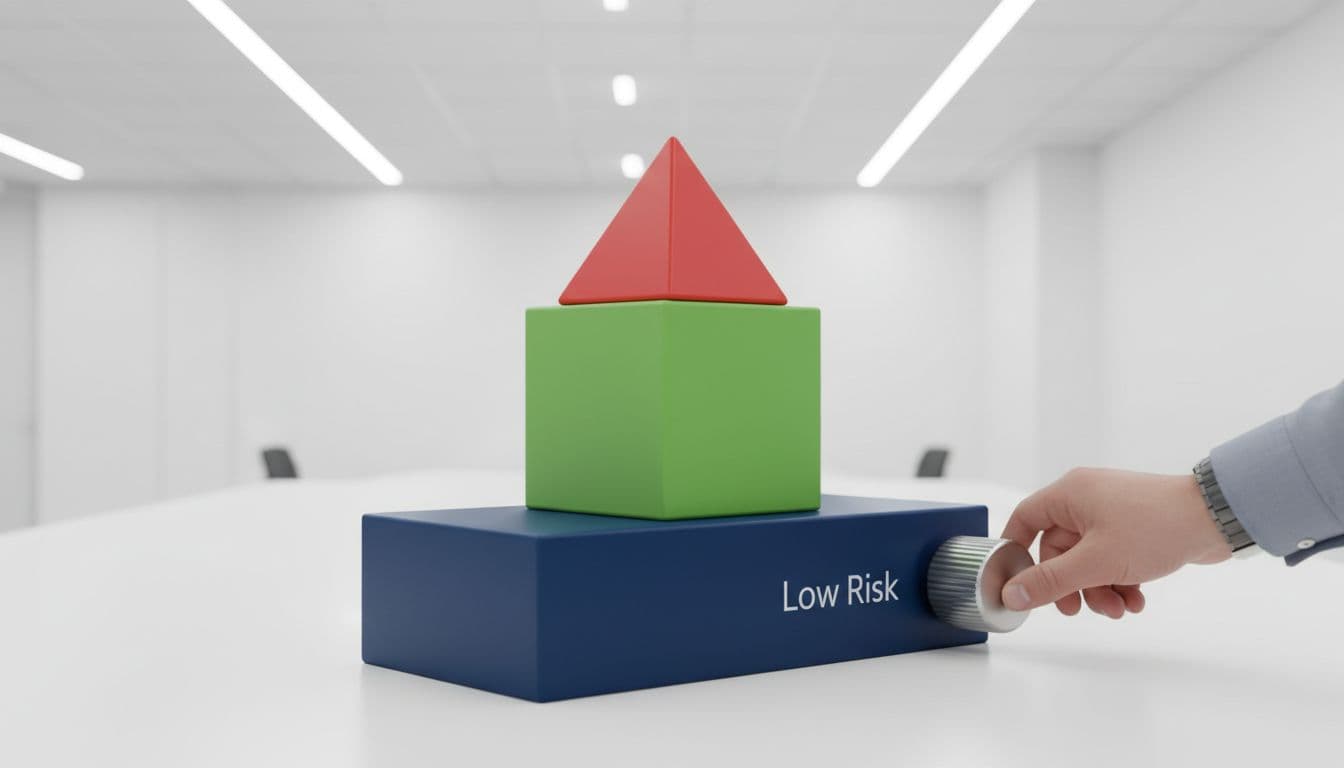 Three stacked colored geometric tiers with hands adjusting knob next to bottom tier under office lighting.