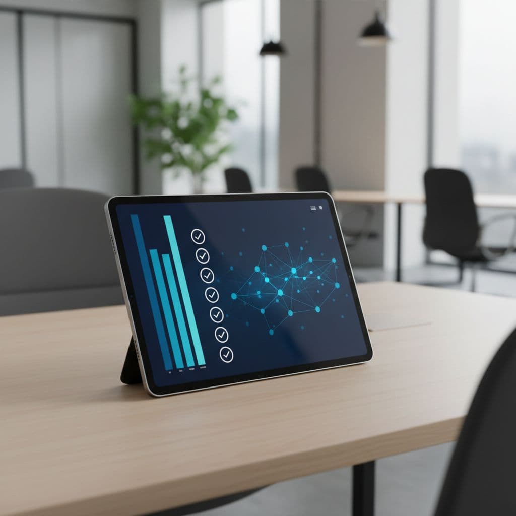 A sleek tablet displays a clean professional interface with abstract charts and checkmark icons.