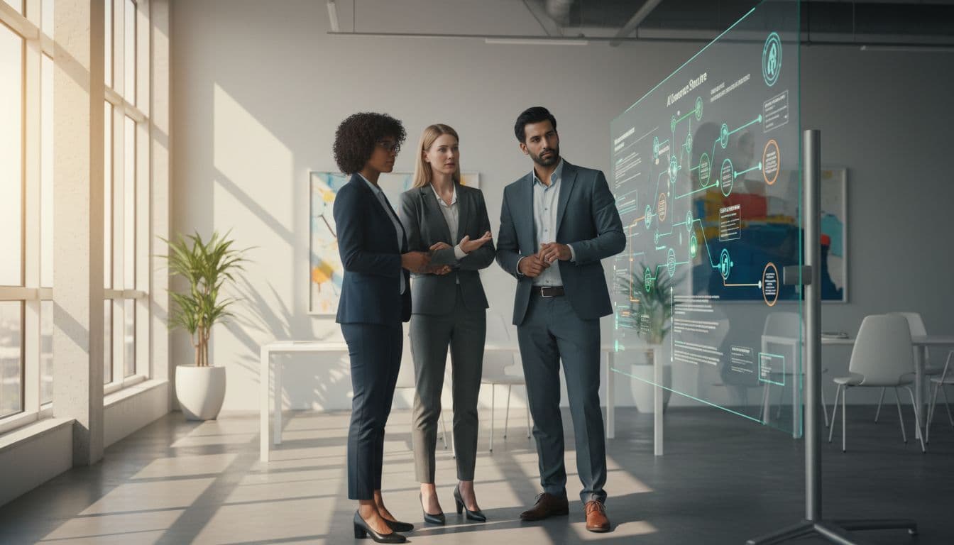 Three professionals collaborate while reviewing complex analytical charts on a large digital monitor in an office.