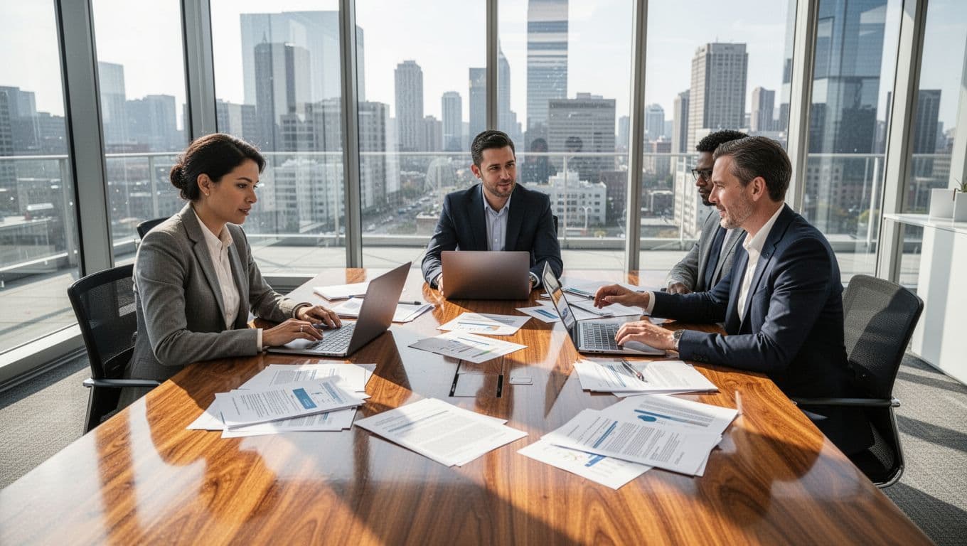 Three professionals review documents and laptops together around a large wooden conference table in a modern office.
