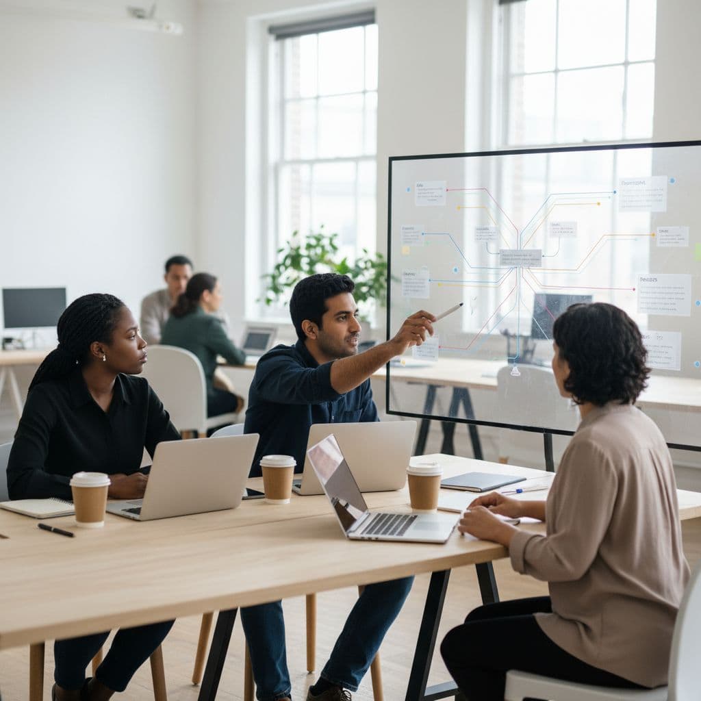 Three professionals collaborate at a desk, reviewing complex diagrams on a digital whiteboard in a bright office.