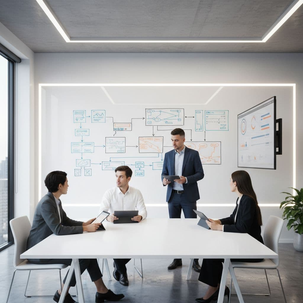 Four professionals stand around a table collaborating on project diagrams using digital tablets and wall displays.