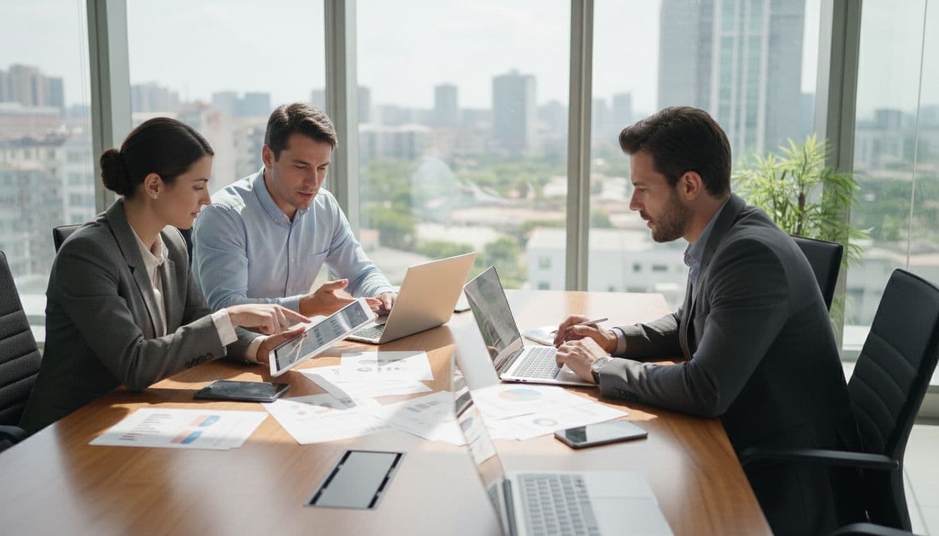 Three professionals around a conference table review documents on laptops and tablets.