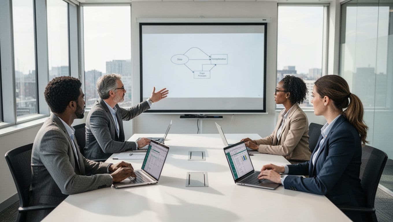 Four professionals around conference table with laptops, spreadsheets, documents, one pointing at flowchart screen.