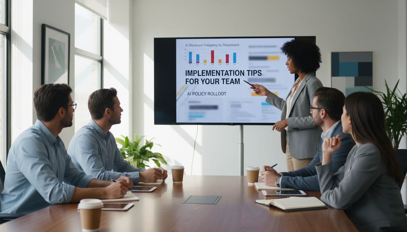 Five diverse professionals in a conference room discuss documents on a shared screen, one pointing at disclosures chart.