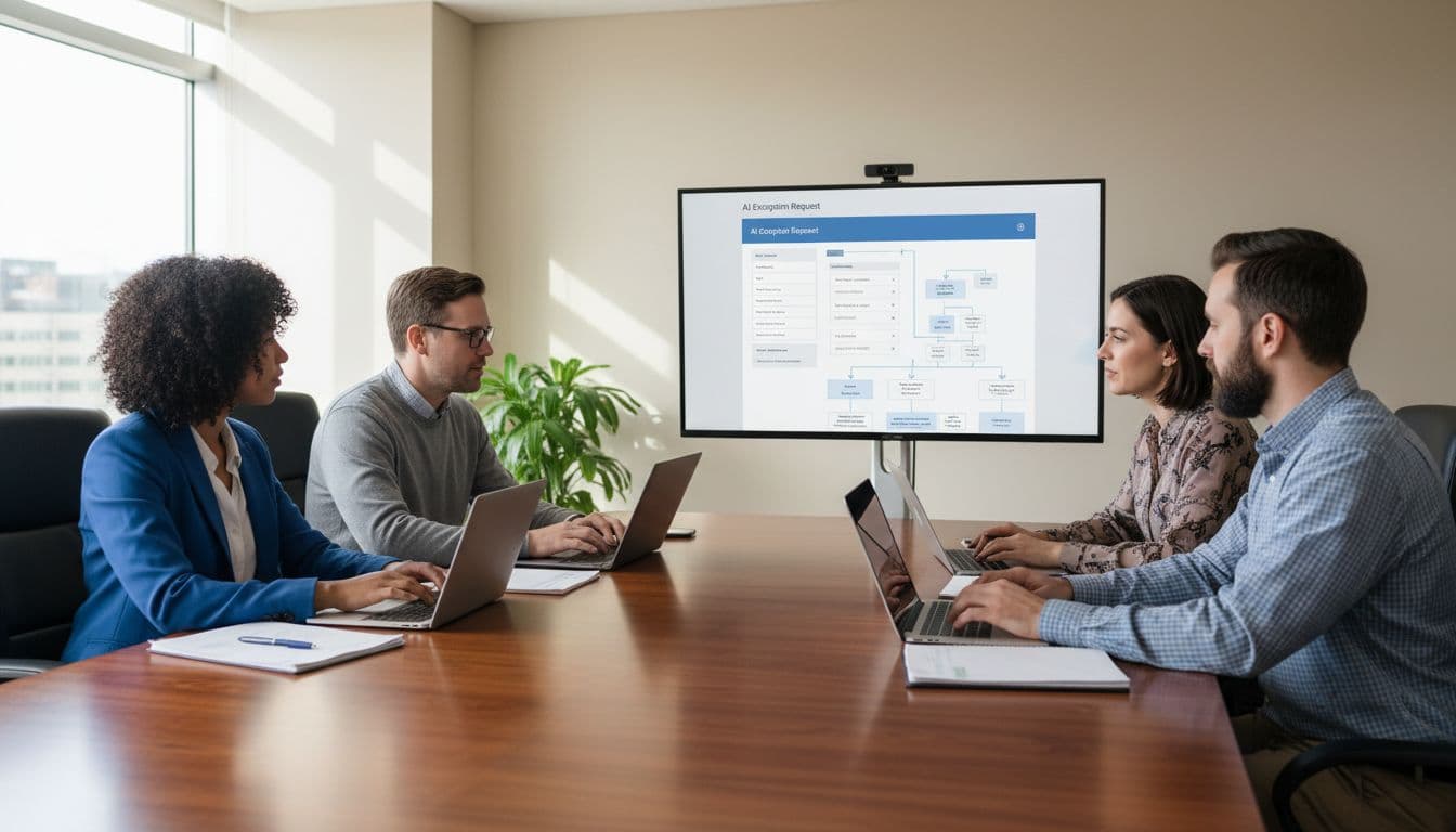 Four diverse professionals sit around a table in a bright conference room, viewing an exception request form on a shared screen with laptops and papers.