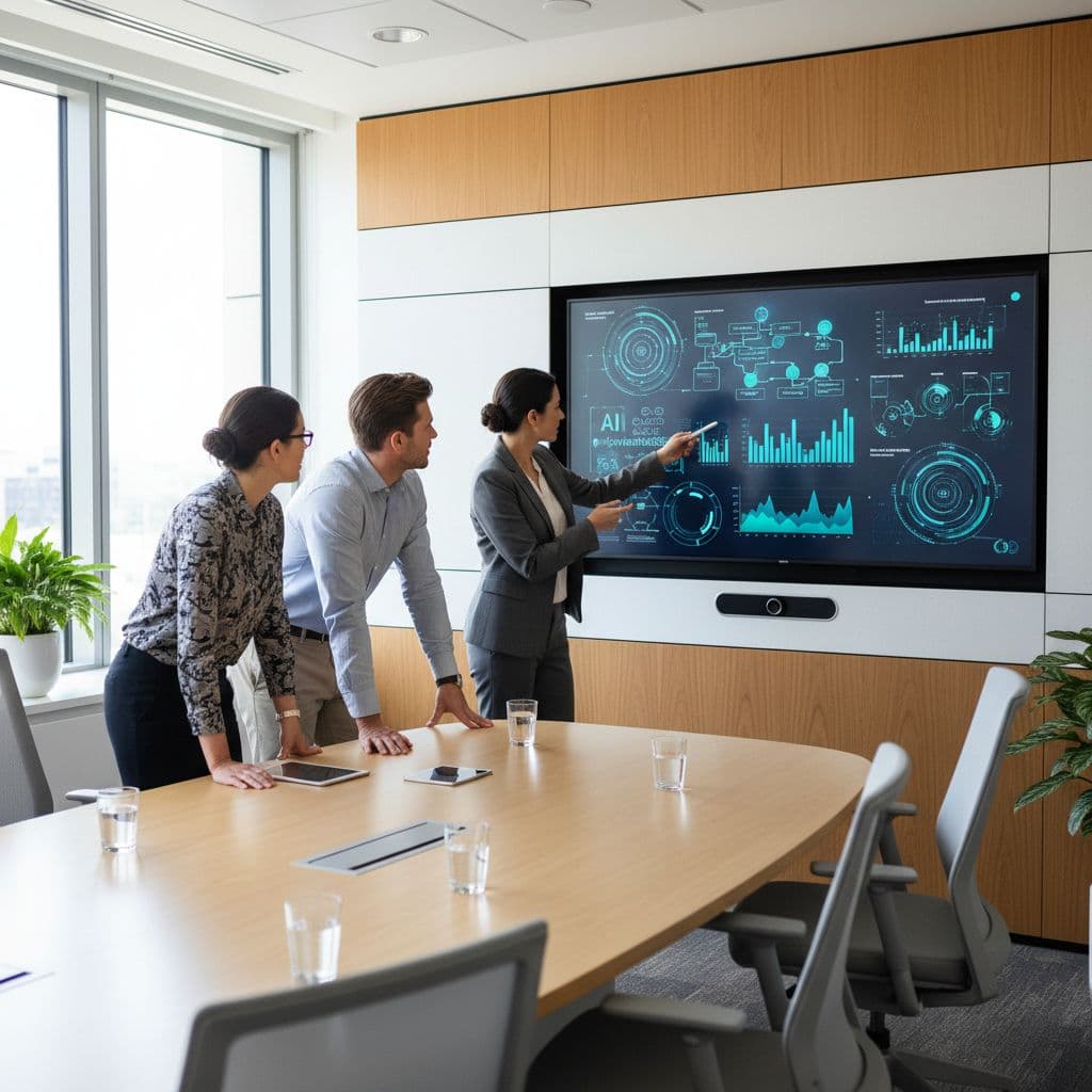 Three professionals in a modern conference room examine abstract charts and diagrams on a wall monitor.