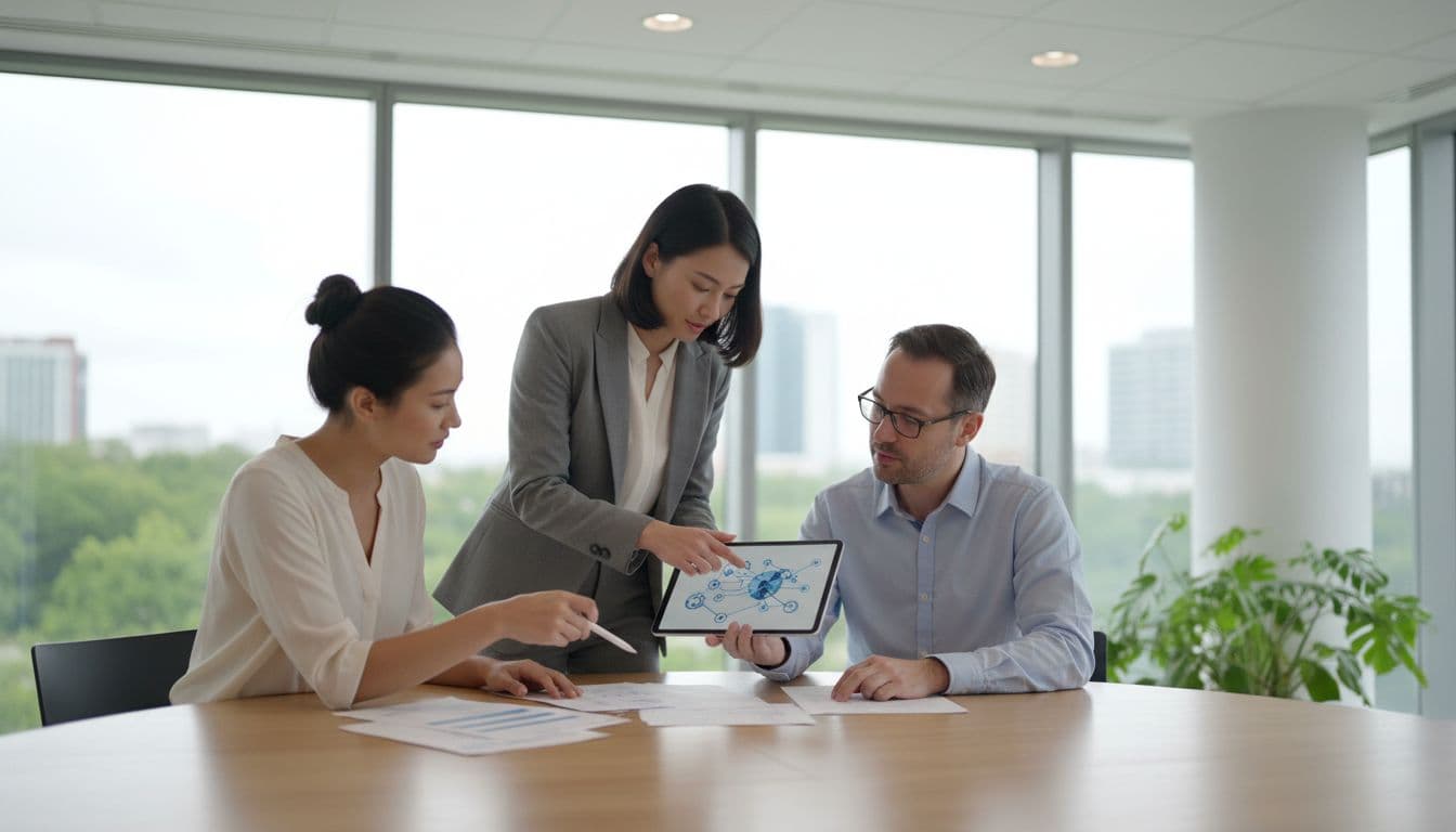 Three colleagues stand around a minimalist table while collaborating on physical papers and a tablet device. The bright, contemporary office space features soft lighting and clean architectural lines in the background.