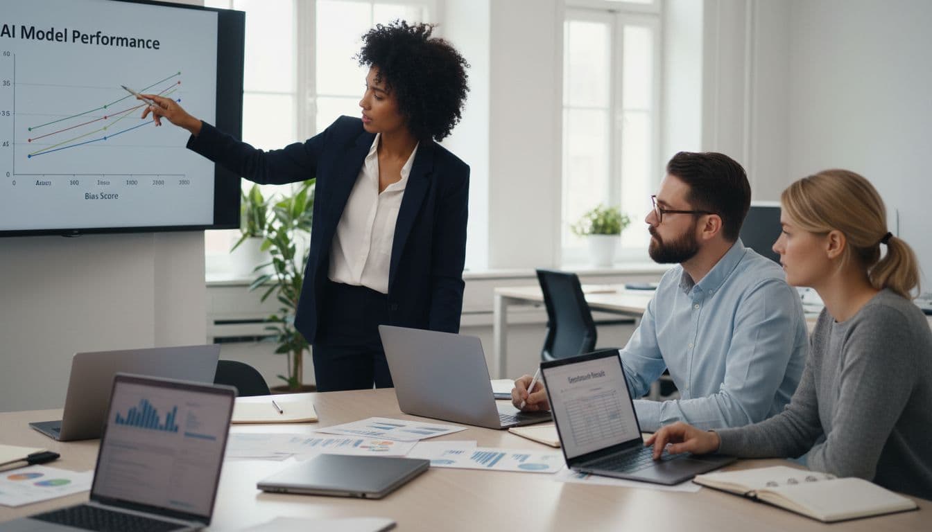 Three professionals at a conference table review charts on a large screen and laptops.